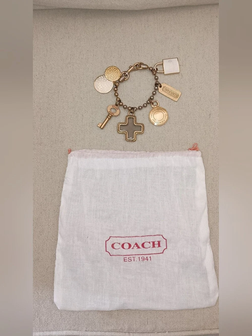 Vintage Y2K Coach Gold-Tone Charm Key with Signature Charms Bracelet